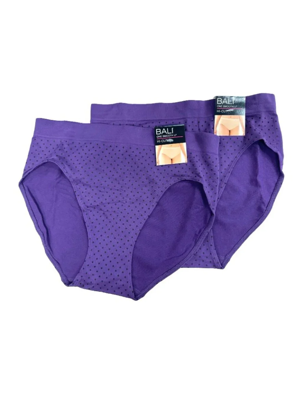 Bali Womens 2-Pack U Hi-Cut Brief Size L/7 Vista Black Dot Purple Soft Panties